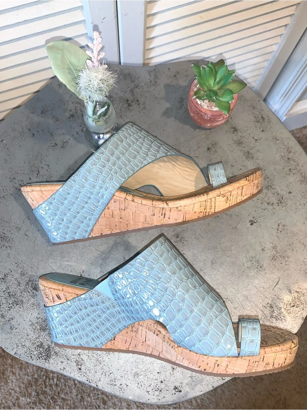 Donald J. Pliner Women's Light Blue Croc-Embossed Cork Wedge Sandal 8.5